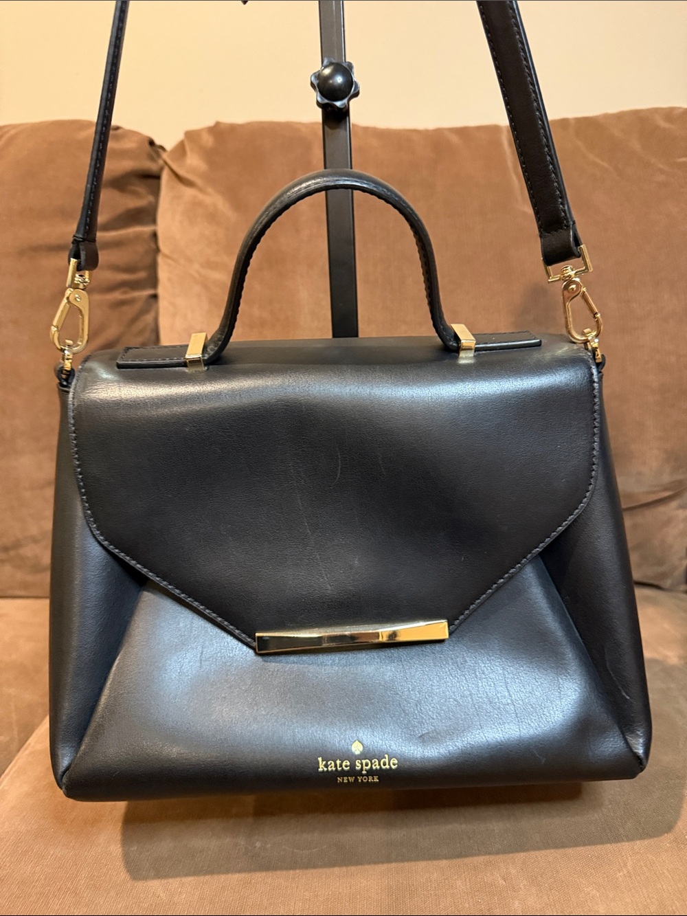 kate spade Black Leather Top-Handle Satchel with Gold Hardware